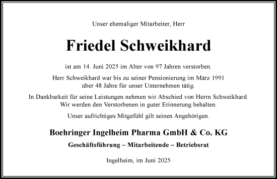 Traueranzeige von Friedel Schweikhard von Allgemeine Zeitung Rheinhessen-Nahe