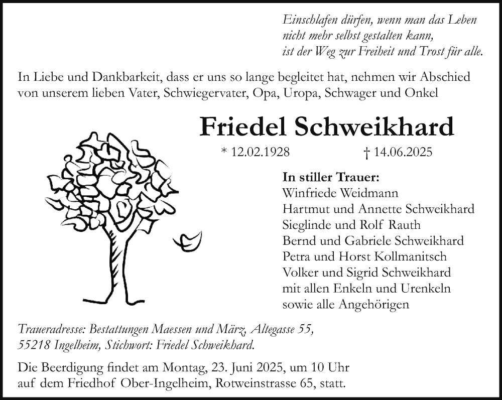  Traueranzeige für Friedel Schweikhard vom 21.06.2025 aus Allgemeine Zeitung Rheinhessen-Nahe