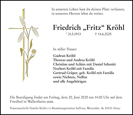Traueranzeige von Friedrich Kröhl von Allgemeine Zeitung Alzey