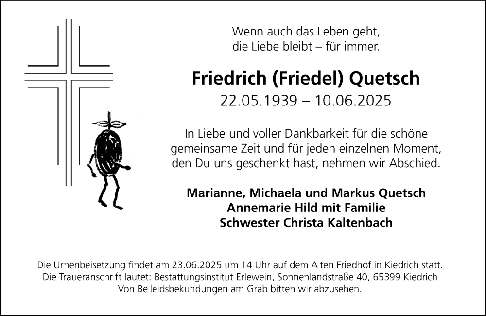  Traueranzeige für Friedrich Quetsch vom 14.06.2025 aus Rheingau Kurier