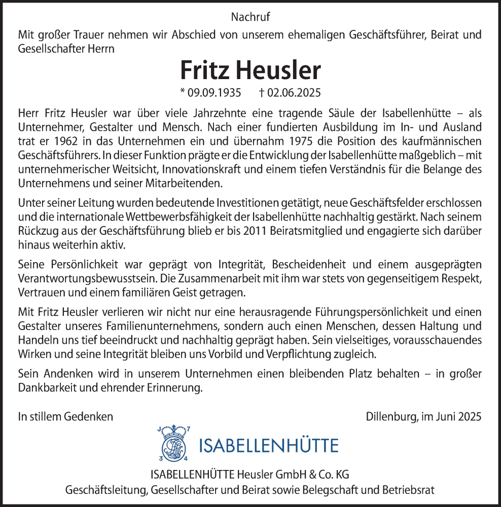  Traueranzeige für Fritz Heusler vom 14.06.2025 aus Dill Block