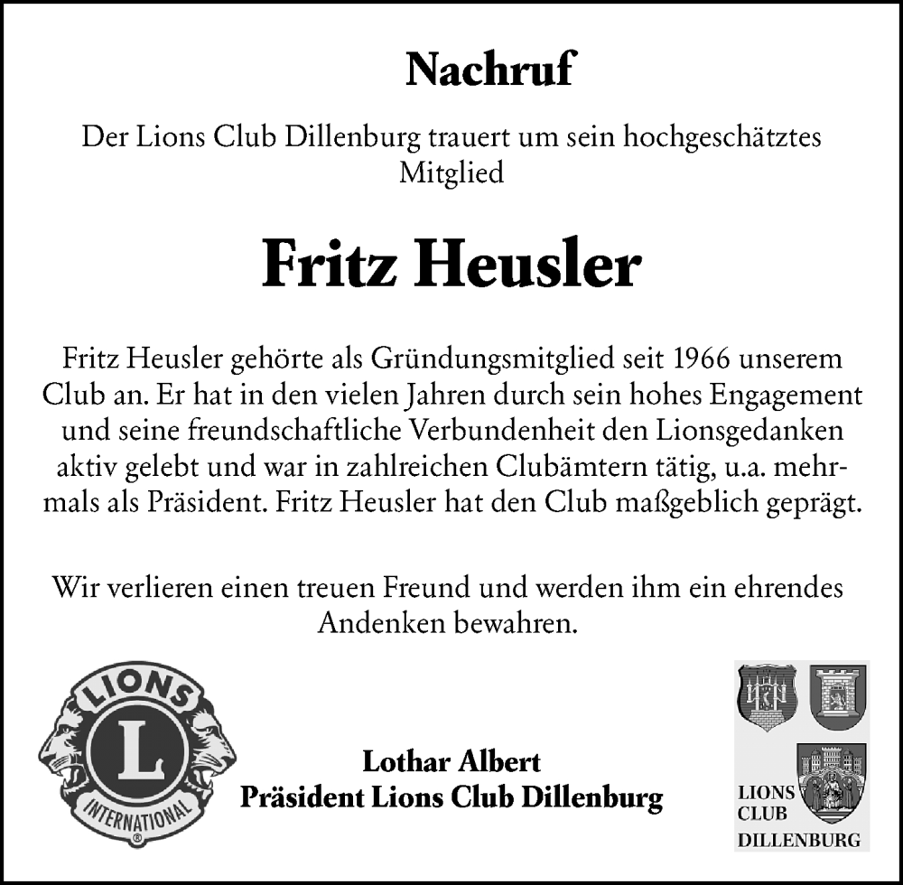  Traueranzeige für Fritz Heusler vom 16.06.2025 aus Dill Block
