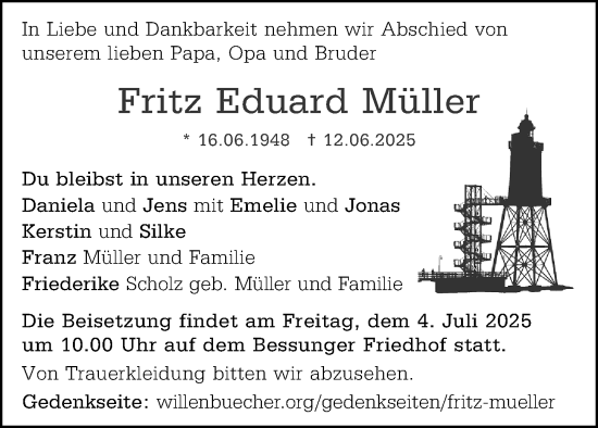 Traueranzeige von Fritz Eduard Müller von Darmstädter Echo