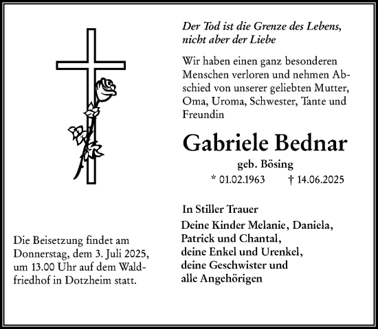 Traueranzeige von Gabriele Bednar von Wiesbadener Kurier