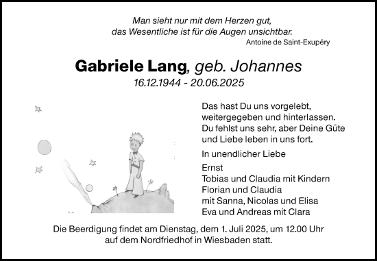 Traueranzeige von Gabriele Lang von Wiesbadener Kurier