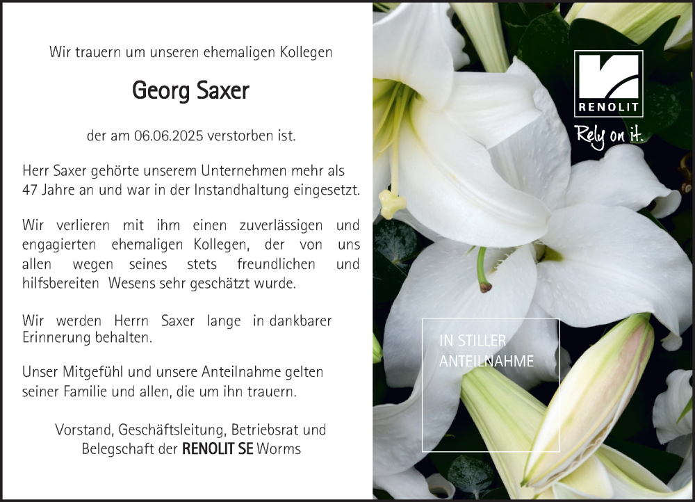  Traueranzeige für Georg Saxer vom 28.06.2025 aus Wormser Zeitung