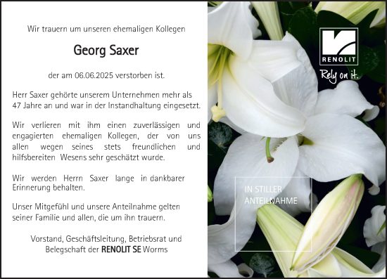 Traueranzeige von Georg Saxer von Wormser Zeitung