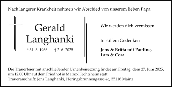 Traueranzeige von Gerald Langhanki von Allgemeine Zeitung Mainz