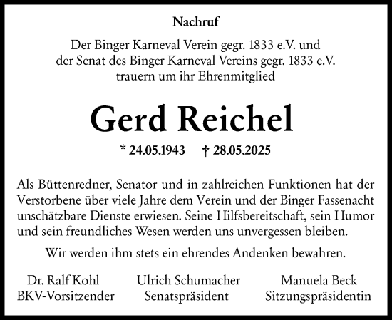 Traueranzeige von Gerd Reichel von Allgemeine Zeitung Rheinhessen-Nahe