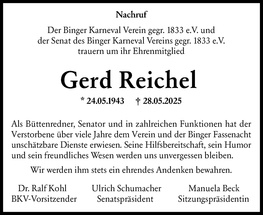  Traueranzeige für Gerd Reichel vom 25.06.2025 aus Allgemeine Zeitung Rheinhessen-Nahe