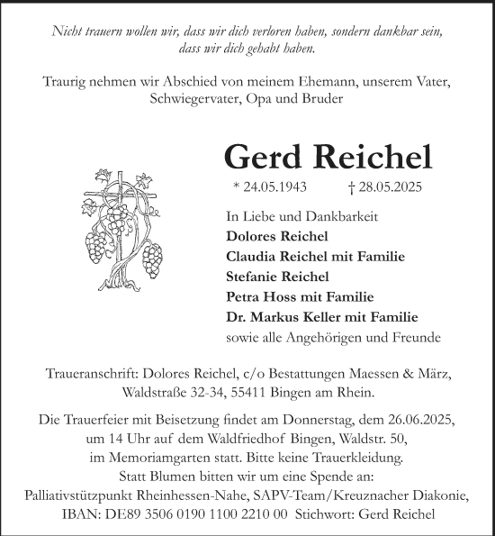 Traueranzeige von Gerd Reichel von Allgemeine Zeitung Rheinhessen-Nahe