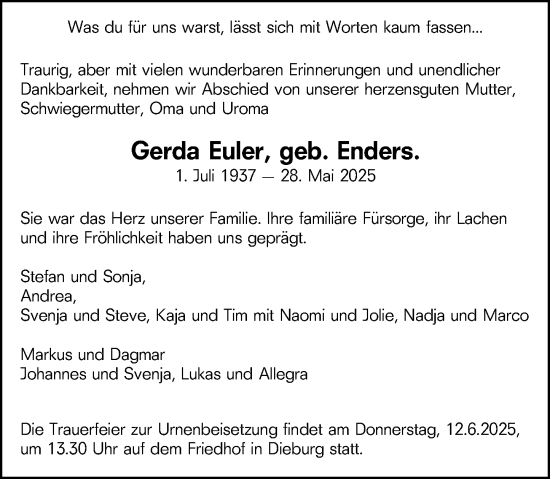 Traueranzeige von Gerda Euler von Darmstädter Echo