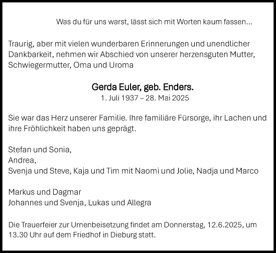 Traueranzeige von Gerda Euler von Dieburger Anzeiger/Groß-Zimmerner Lokal-Anzeiger