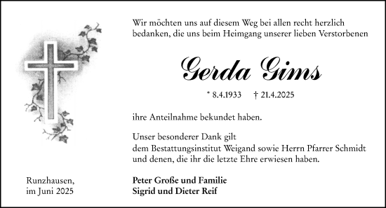 Traueranzeige von Gerda Gims von Hinterländer Anzeiger