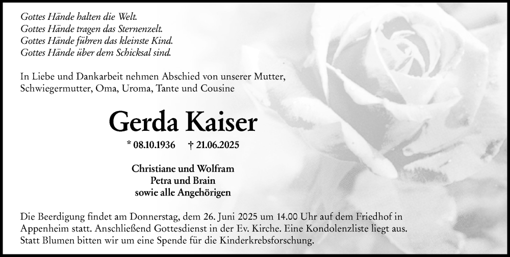  Traueranzeige für Gerda Kaiser vom 24.06.2025 aus Allgemeine Zeitung Mainz