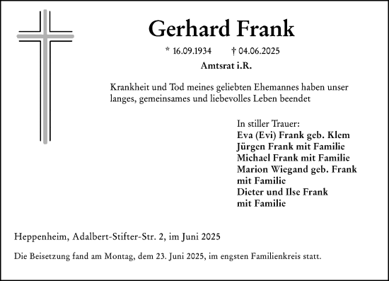Traueranzeige von Gerhard Frank von Starkenburger Echo