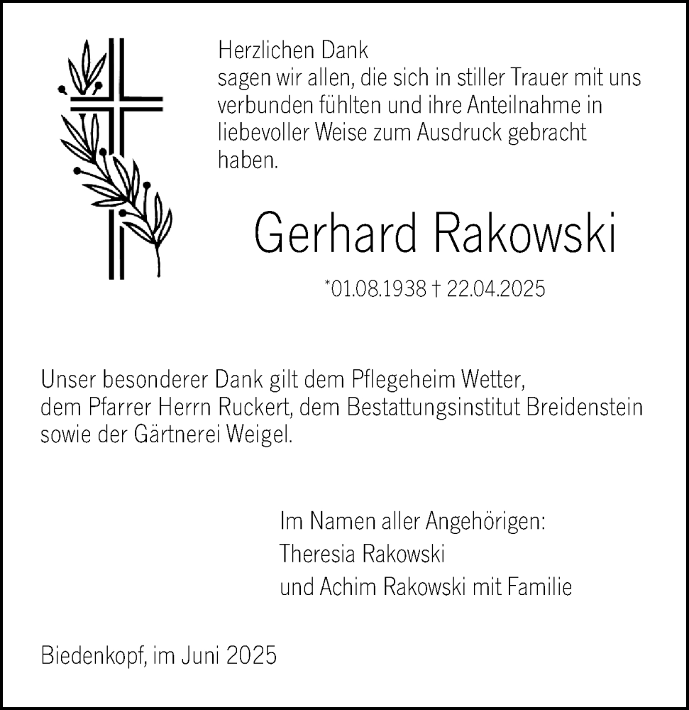  Traueranzeige für Gerhard Rakowski vom 10.06.2025 aus Hinterländer Anzeiger