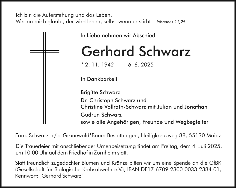  Traueranzeige für Gerhard Schwarz vom 21.06.2025 aus Allgemeine Zeitung Mainz