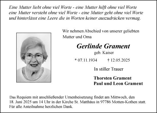 Traueranzeige von Gerlinde Grament von Wiesbadener Kurier