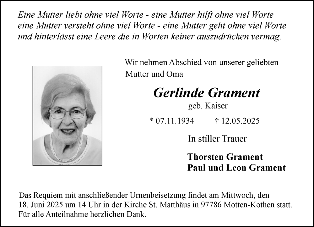  Traueranzeige für Gerlinde Grament vom 07.06.2025 aus Wiesbadener Kurier