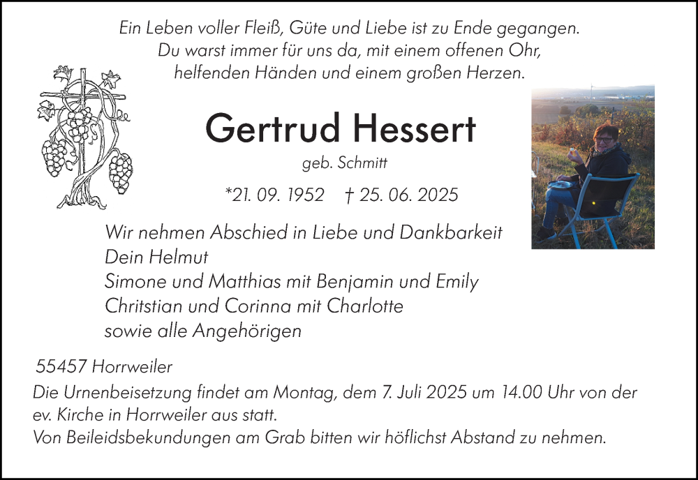  Traueranzeige für Gertrud Hessert vom 28.06.2025 aus Allgemeine Zeitung Rheinhessen-Nahe