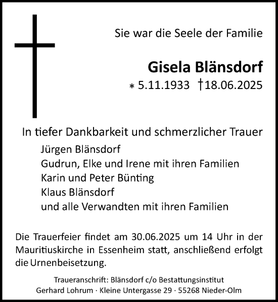 Traueranzeige von Gisela Blänsdorf von Allgemeine Zeitung Mainz