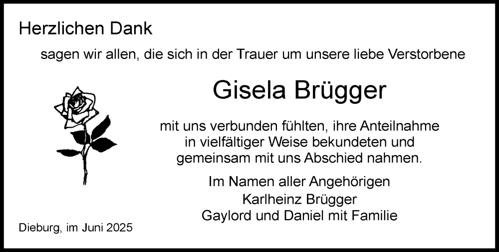  Traueranzeige für Gisela Brügger vom 28.06.2025 aus Dieburger Anzeiger/Groß-Zimmerner Lokal-Anzeiger
