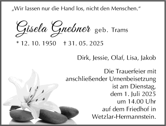 Traueranzeige von Gisela Gnebner von Wetzlarer Neue Zeitung