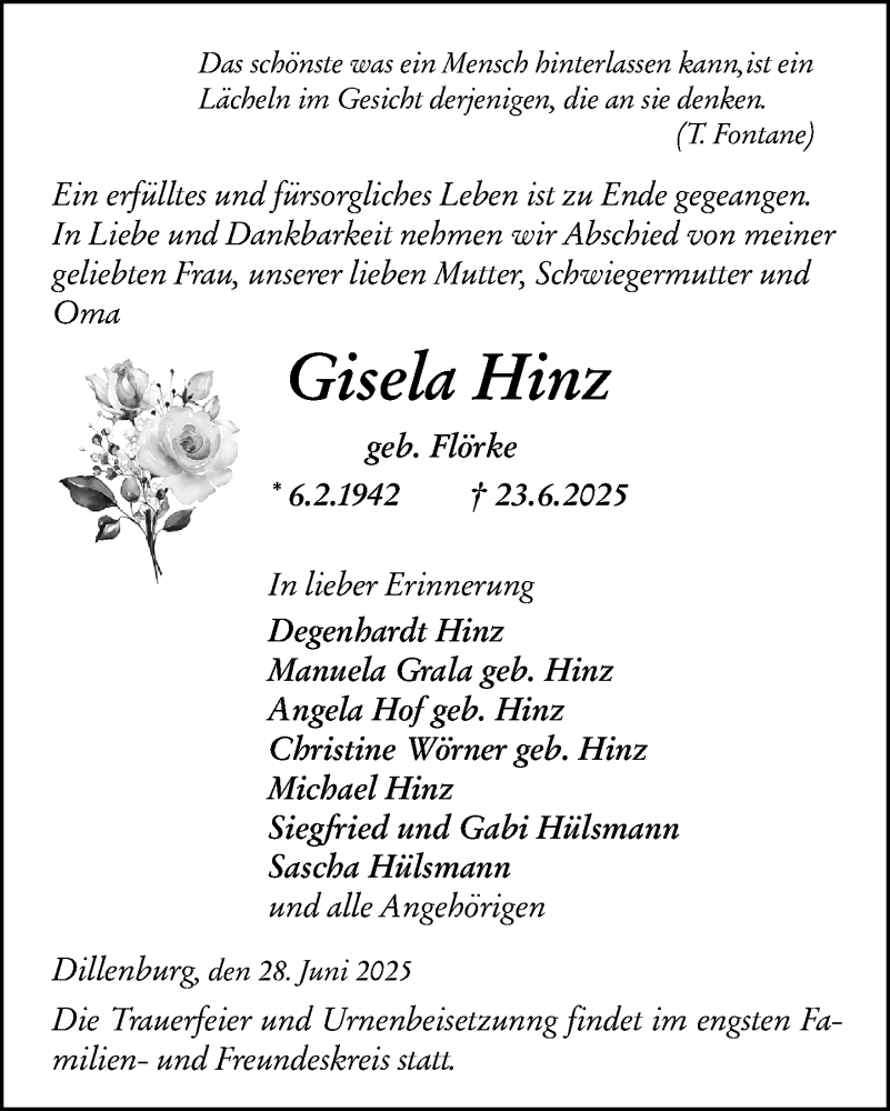  Traueranzeige für Gisela Hinz vom 28.06.2025 aus Dill Block