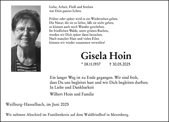 Traueranzeige von Gisela Hoin von Weilburger Tageblatt
