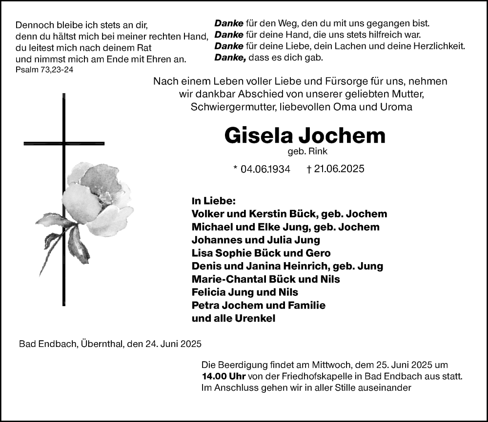  Traueranzeige für Gisela Jochem vom 24.06.2025 aus Hinterländer Anzeiger