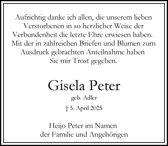 Traueranzeige von Gisela Peter von Wiesbadener Kurier