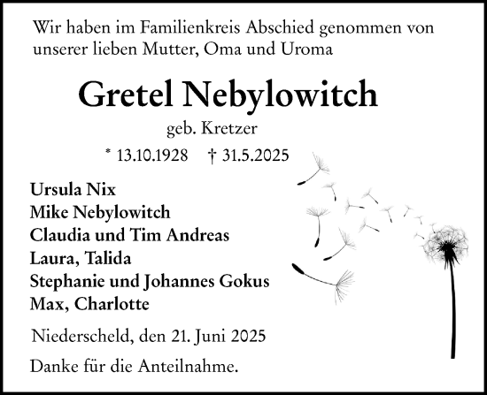 Traueranzeige von Gretel Nebylowitch von Dill Block