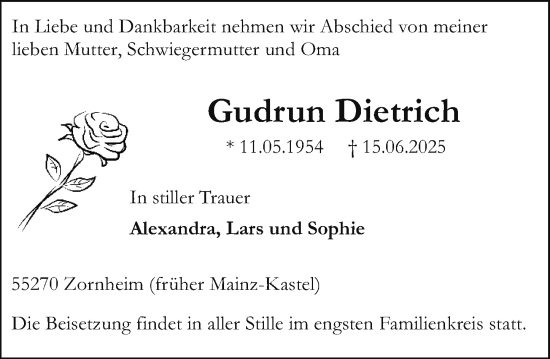 Traueranzeige von Gudrun Dietrich von Allgemeine Zeitung Mainz