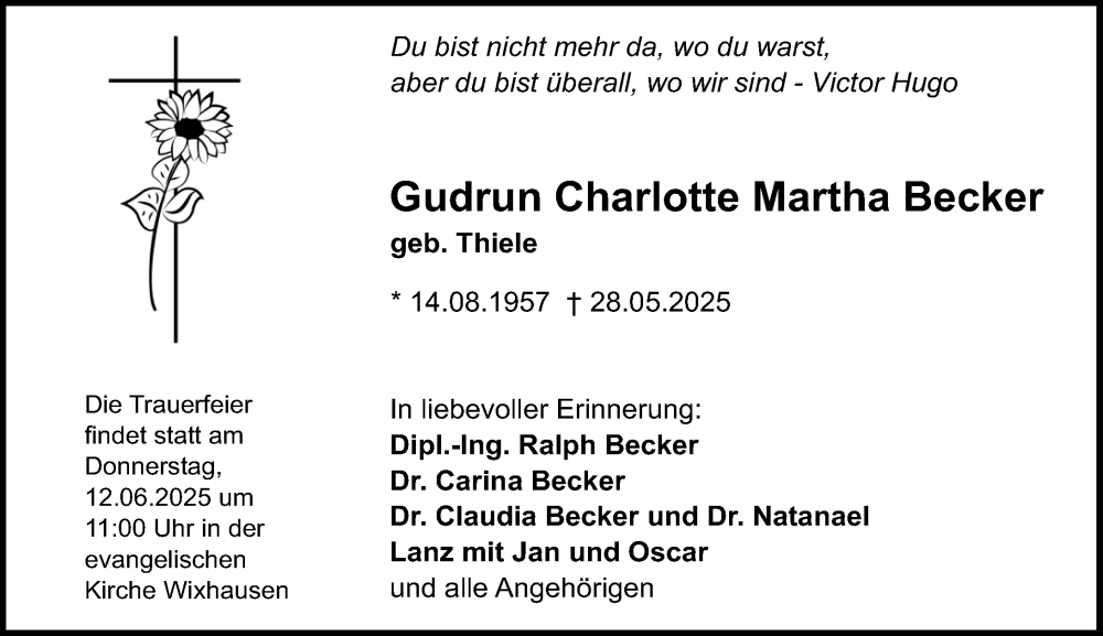  Traueranzeige für Gudrun Charlotte Martha Becker vom 07.06.2025 aus Darmstädter Echo