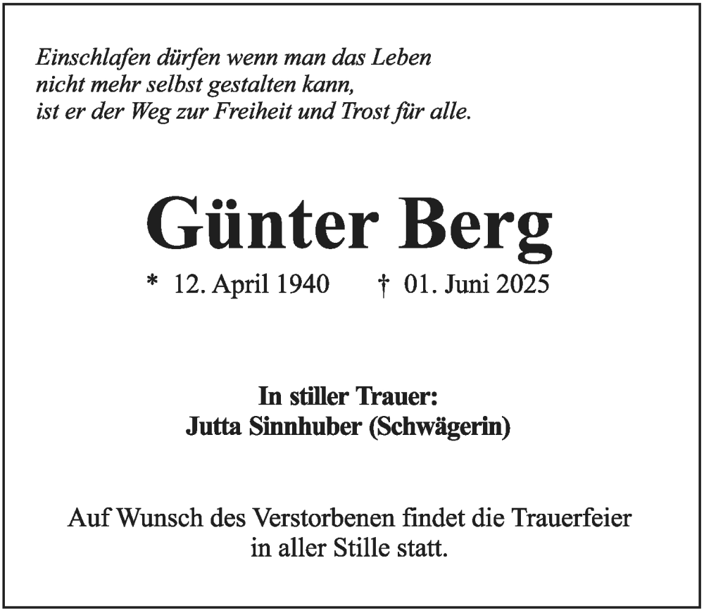  Traueranzeige für Günter Berg vom 07.06.2025 aus Allgemeine Zeitung Rheinhessen-Nahe