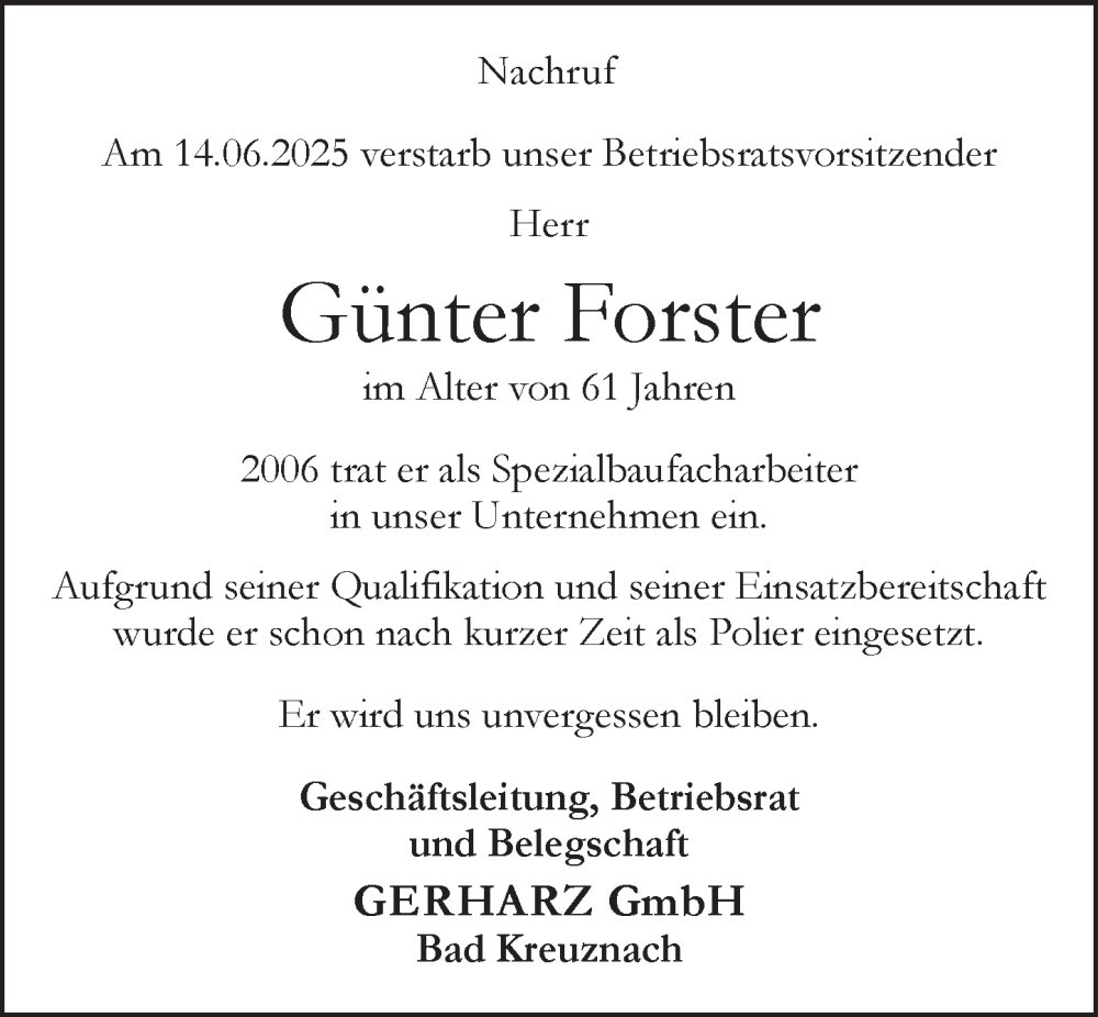  Traueranzeige für Günter Forster vom 21.06.2025 aus Allgemeine Zeitung Rheinhessen-Nahe
