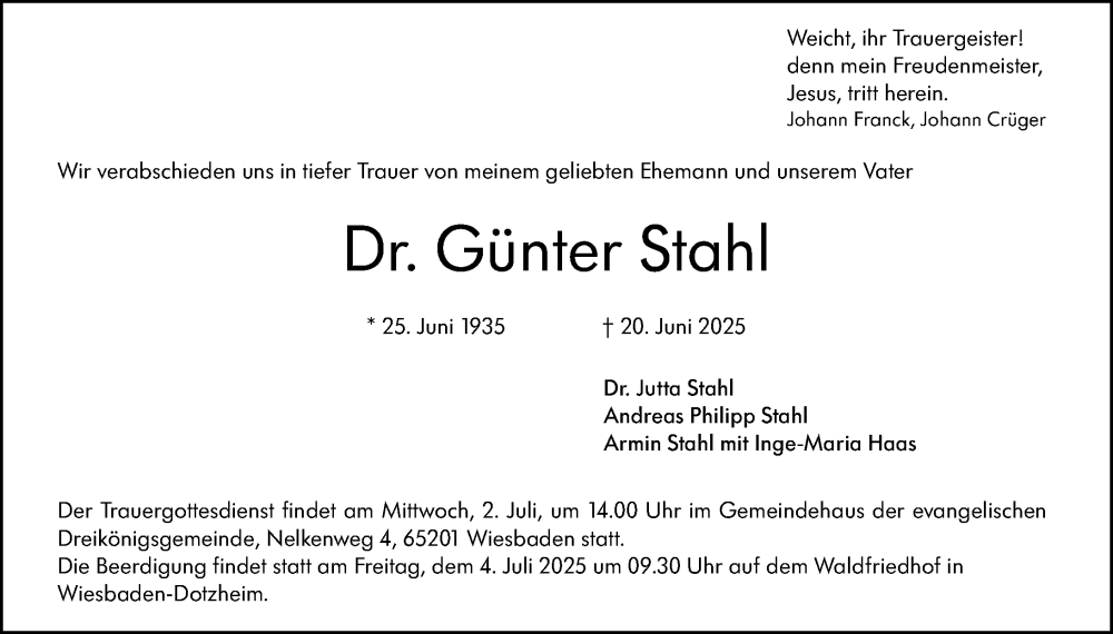  Traueranzeige für Günter Stahl vom 28.06.2025 aus Wiesbadener Kurier