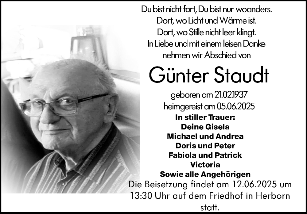  Traueranzeige für Günter Staudt vom 10.06.2025 aus Dill Block