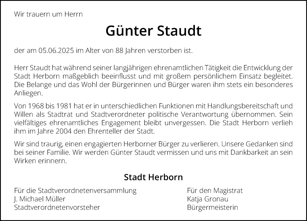  Traueranzeige für Günter Staudt vom 14.06.2025 aus Dill Block