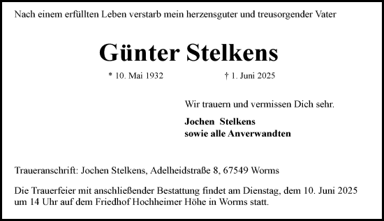Traueranzeige von Günter Stelkens von Wormser Zeitung