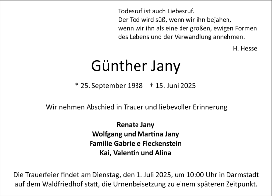 Traueranzeige von Günther Jany von Darmstädter Echo