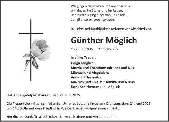 Traueranzeige von Günther Möglich von Wetzlarer Neue Zeitung