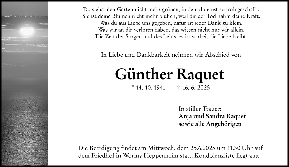 Traueranzeige für Günther Raquet vom 21.06.2025 aus Wormser Zeitung