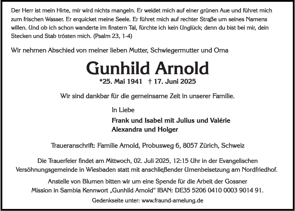 Traueranzeige für Gunhild Arnold vom 28.06.2025 aus Wiesbadener Kurier