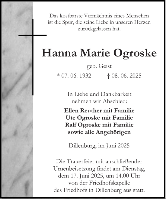Traueranzeige von Hanna Marie Ogroske von Dill Block