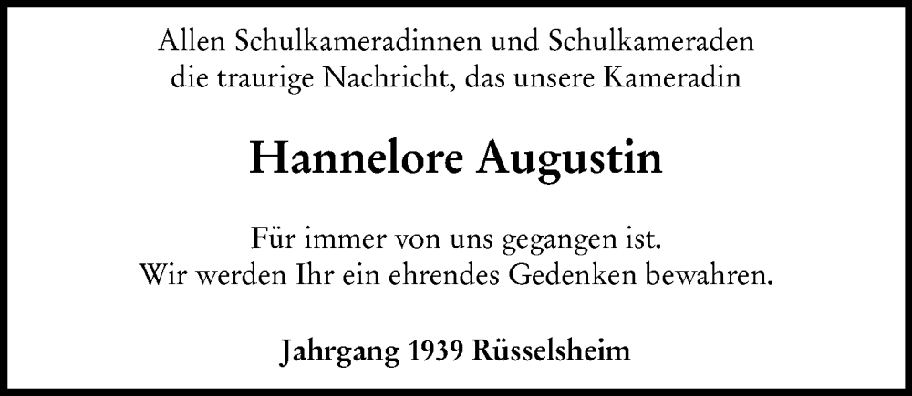  Traueranzeige für Hannelore Augustin vom 04.06.2025 aus Rüsselsheimer Echo