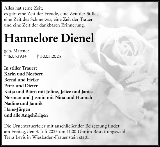 Traueranzeige von Hannelore Dienel von Wiesbadener Kurier