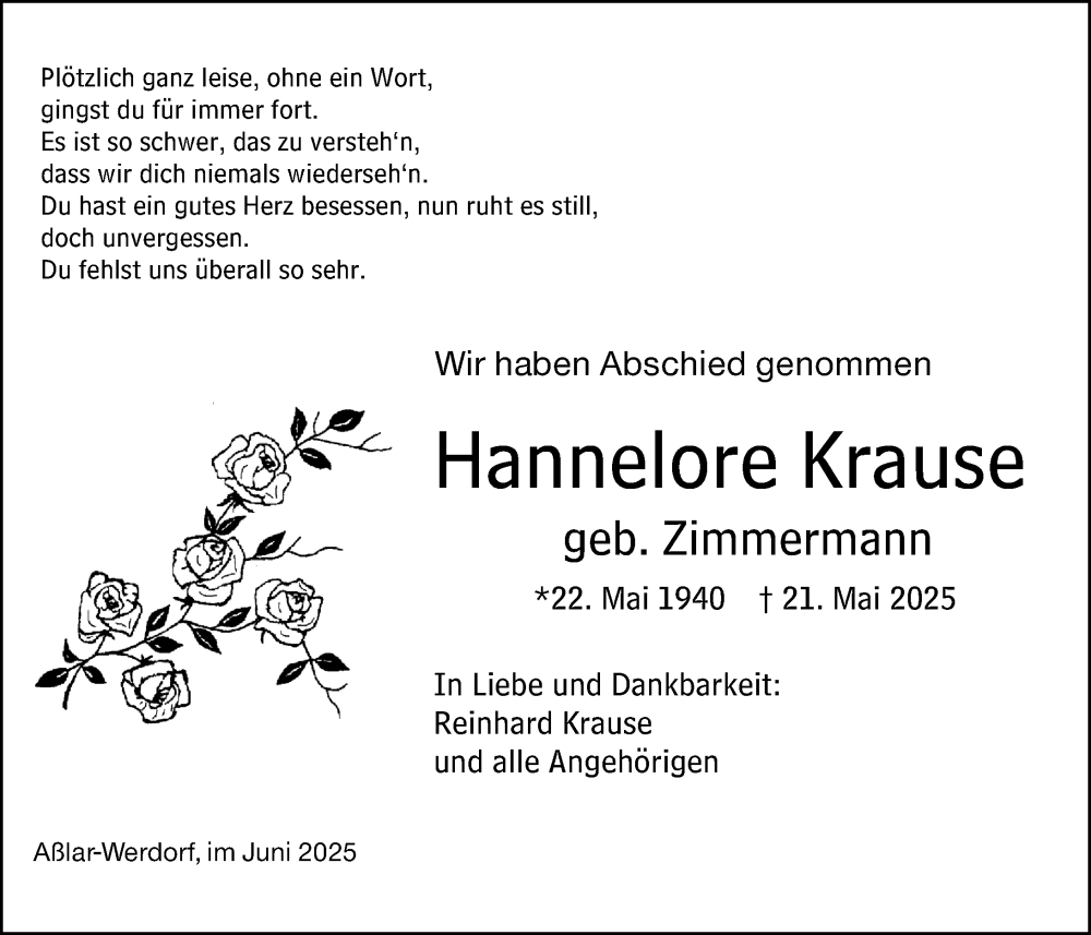  Traueranzeige für Hannelore Krause vom 28.06.2025 aus Wetzlarer Neue Zeitung