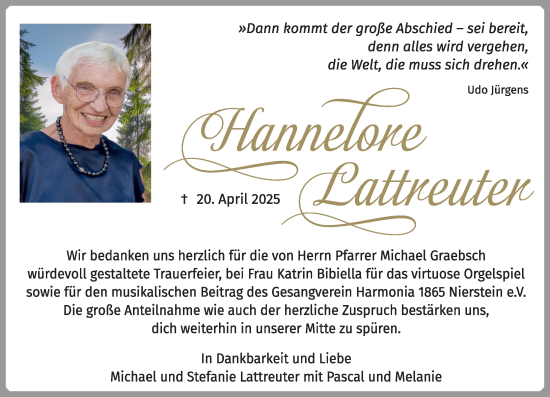 Traueranzeige von Hannelore Lattreuter von Allgemeine Zeitung Mainz